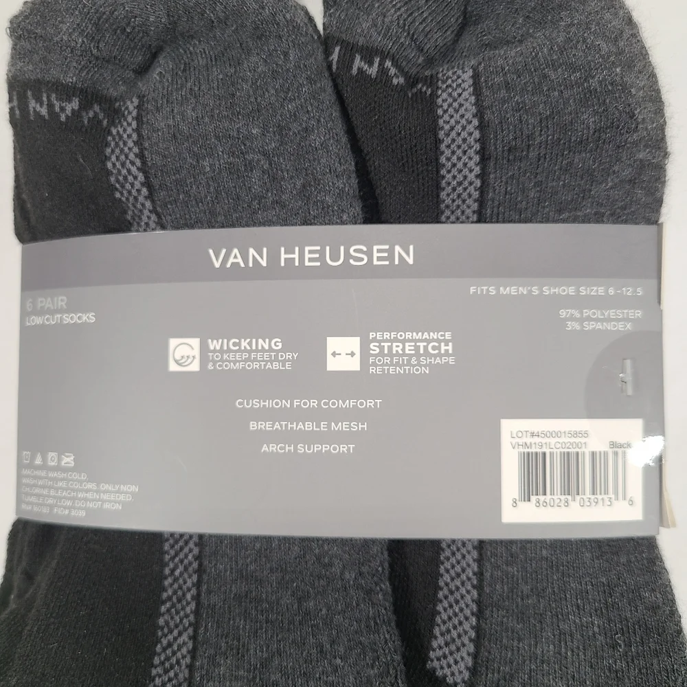 Van Heusen Black Gray Performance Low Cut Socks 6 Pair Men Size 6-12.5